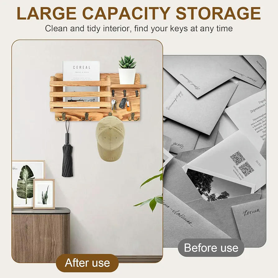 Organizador de Llaves y Correo de Madera Natural con 4 Ganchos Dobles, Estante Pared para Entrada, Diseño Rústico, Compatible con Decoración de Hogar