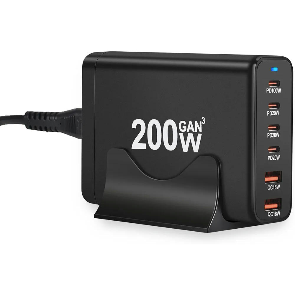 Cargador USB C de 200 W con 6 Puertos: 4 USB-C y 2 USB-A para Carga Rápida (Negro)