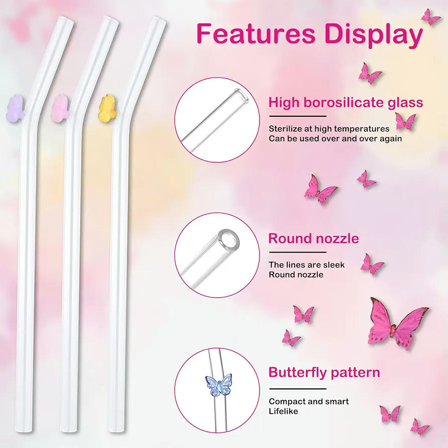 Pajitas de vidrio reutilizables sin BPA - Juego de 6 con decoración de mariposas, longitud de 20 cm, ideales para bebidas frías y calientes (Multicolor)