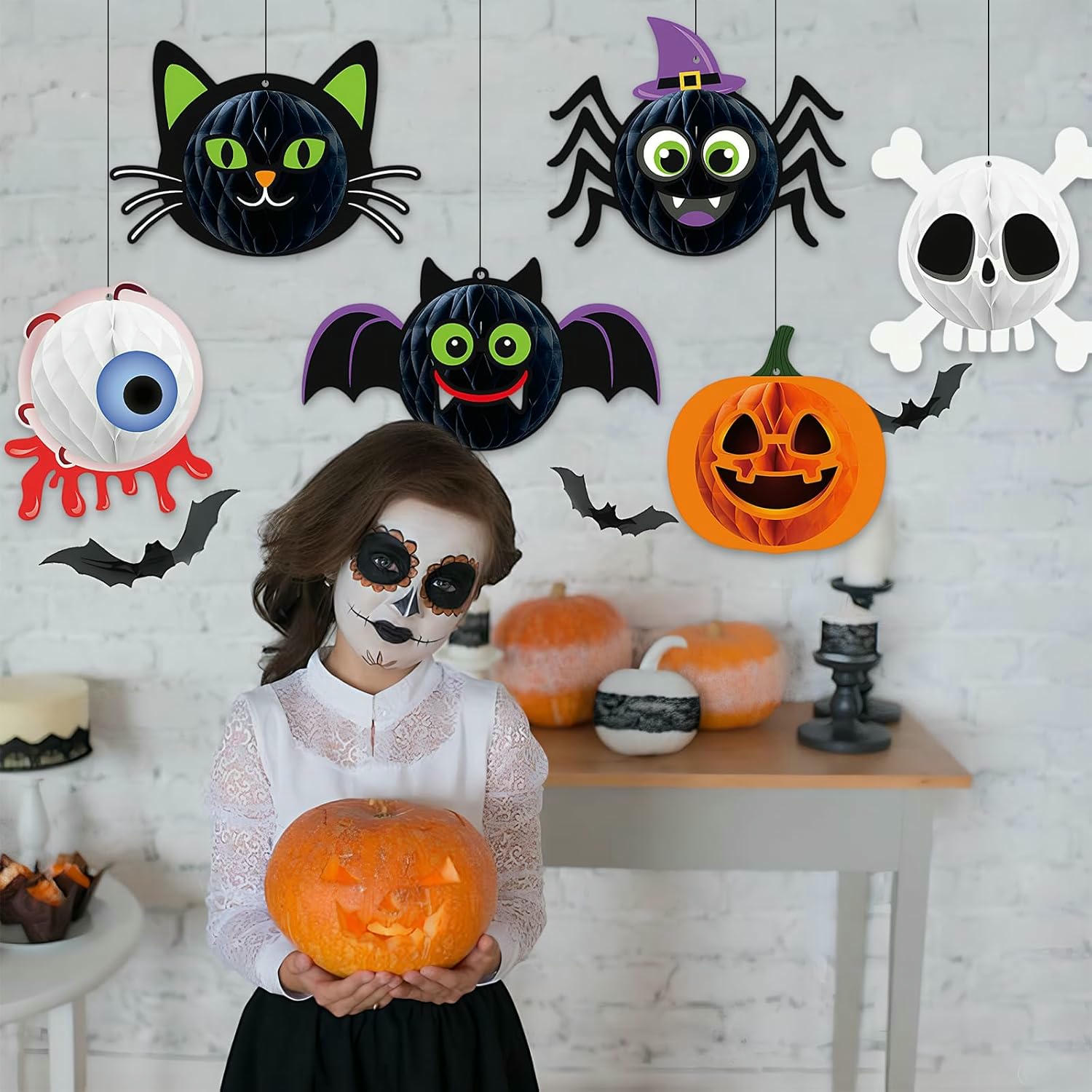 Adornos de Panal de Halloween, Decoraciones Colgantes de Papel, Set de 6 Piezas con Calabazas, Murciélagos y Arañas para Fiestas y Decoraciones
