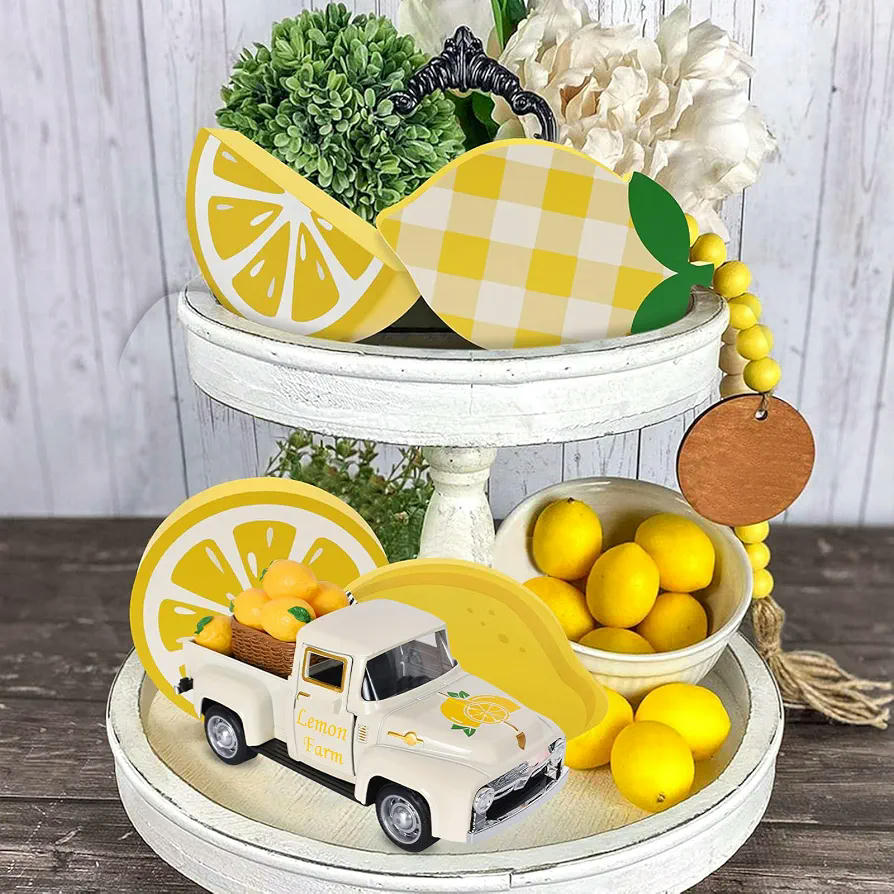 Decoración de Camión de Limón, Modelo de Metal con 8 Limones Artificiales para Ambientes Acogedores, 12,5 cm