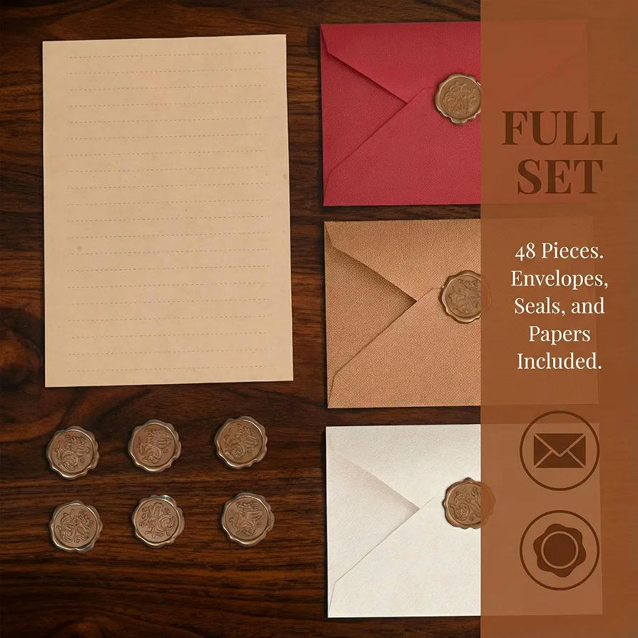 Juego de Papelería Vintage A5: 20 Hojas de Papel Pergamino, Sobres y Sellos de Cera - Kit de Escritura Antigua