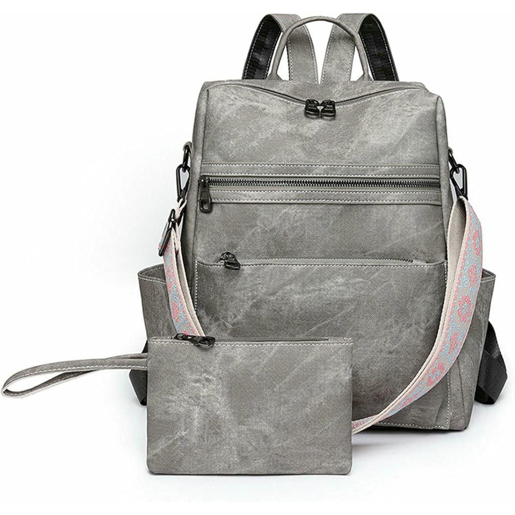 Mochila de piel sintética para mujer, gran capacidad, casual, con correa para bolso, ideal para viajes y uso diario (Gris)