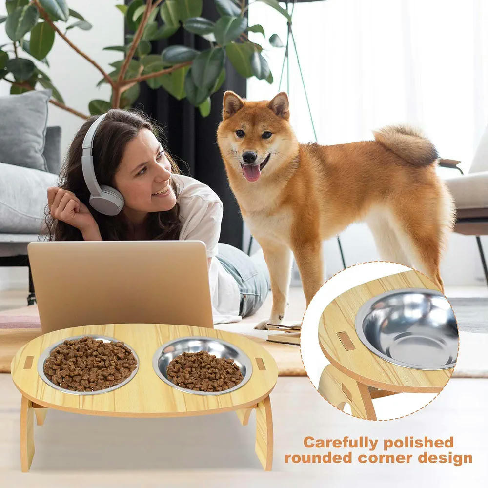 Comedero Elevado para Gatos con 2 Cuencos de Acero Inoxidable y Soporte de Madera de 33 cm (Marrón)