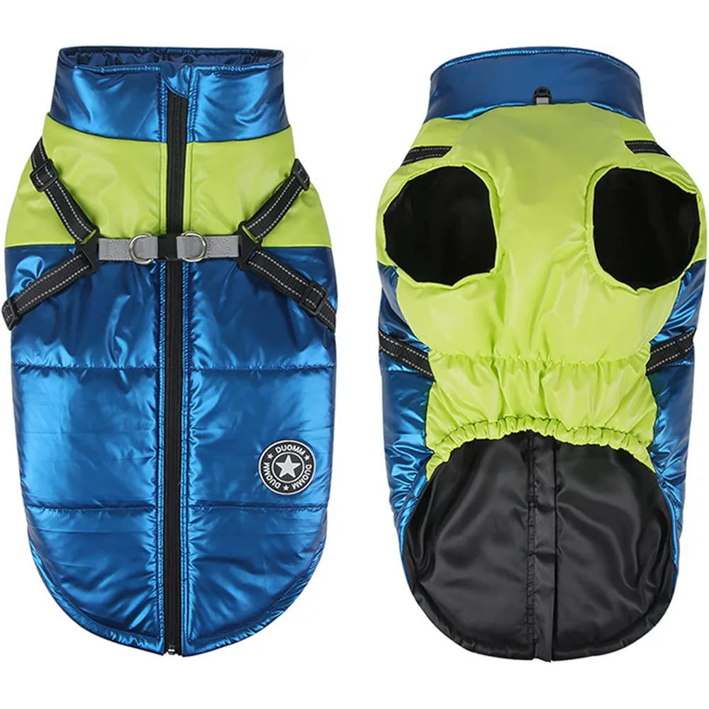 Abrigo para perro con arnés, chaqueta impermeable, chaleco reflectante ajustable para perros, modelo XL, azul, adecuado para clima frío