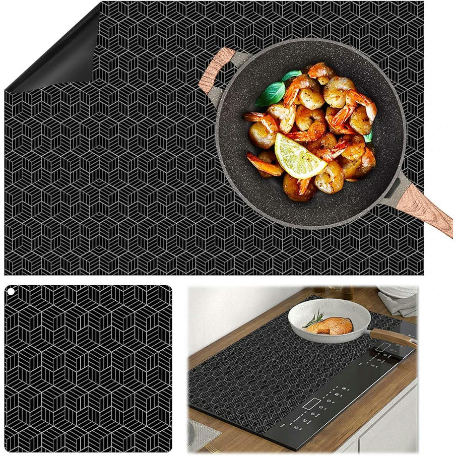 2 Silicone Mats for Induction Cooktops, Heat Protection, 25 x 25 cm and 52 x 78 cm, Black Color