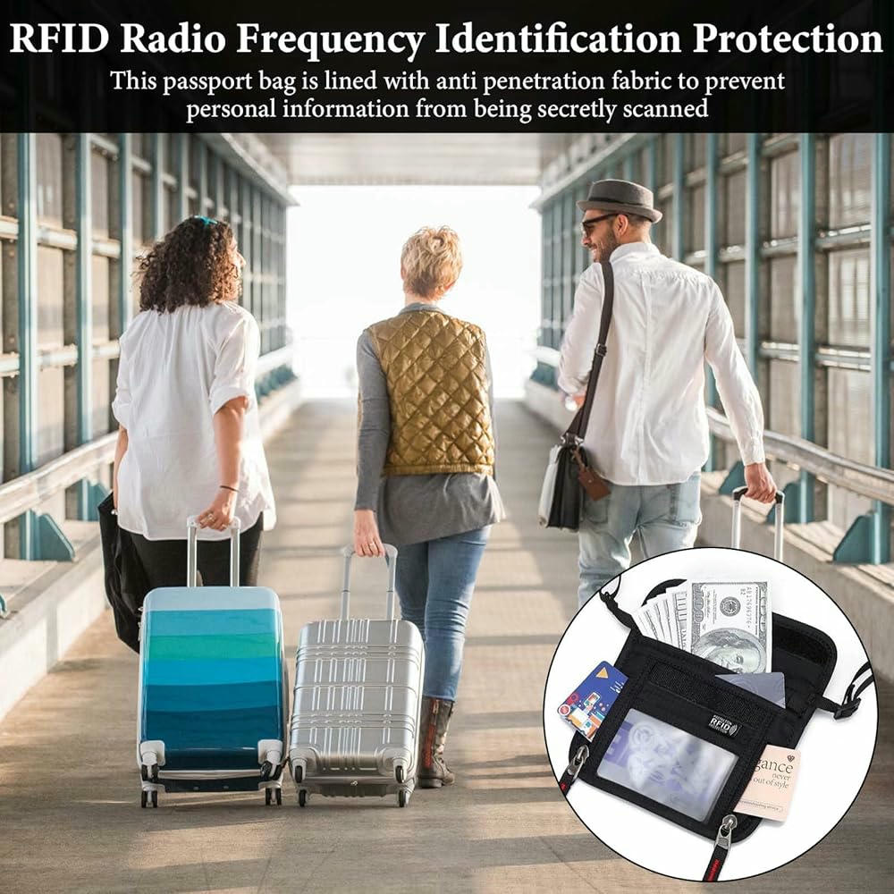Bolsa de Pecho Antirrobo RFID Unisex, Bolsa Impermeable para Documentos de Viaje, Correa Ajustable, Ideal para Pasaportes y Efectivo (Negro)