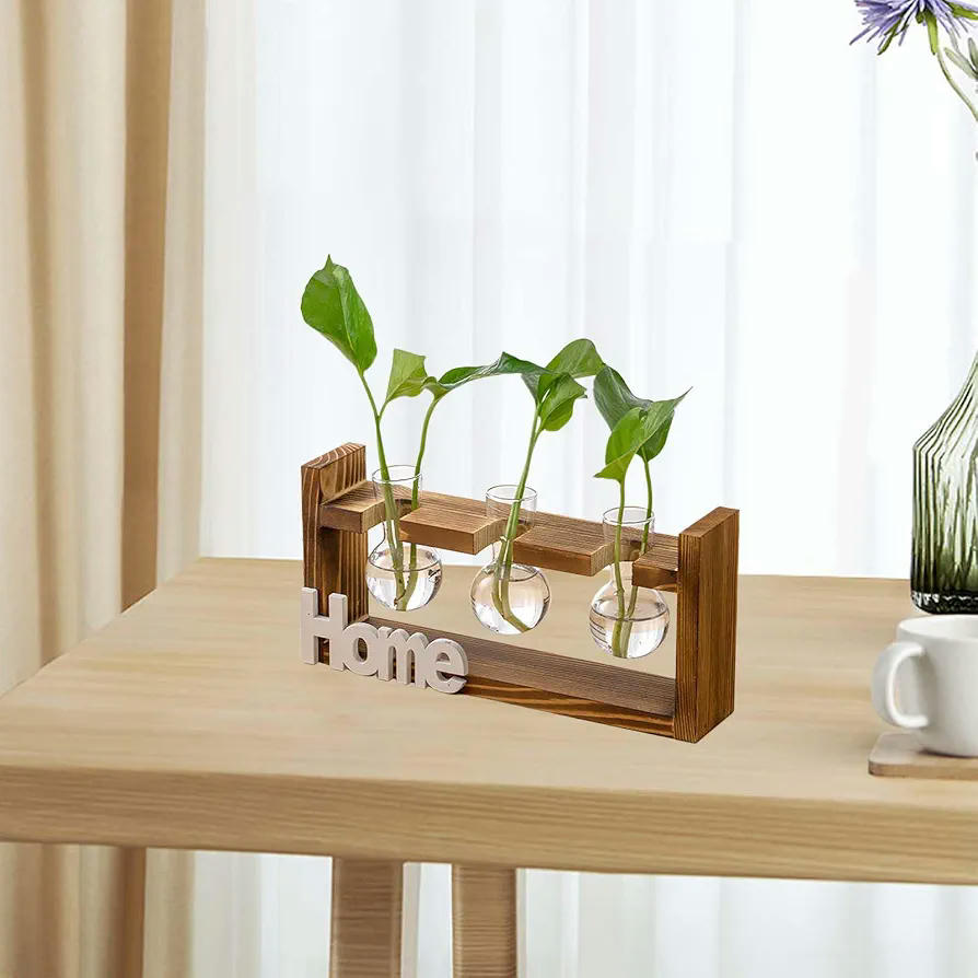 Estación de Propagación para Plantas, Jarrón Hidropónico de Vidrio, Soporte de Madera Natural, Decoración de Oficina y Hogar (Marrón)