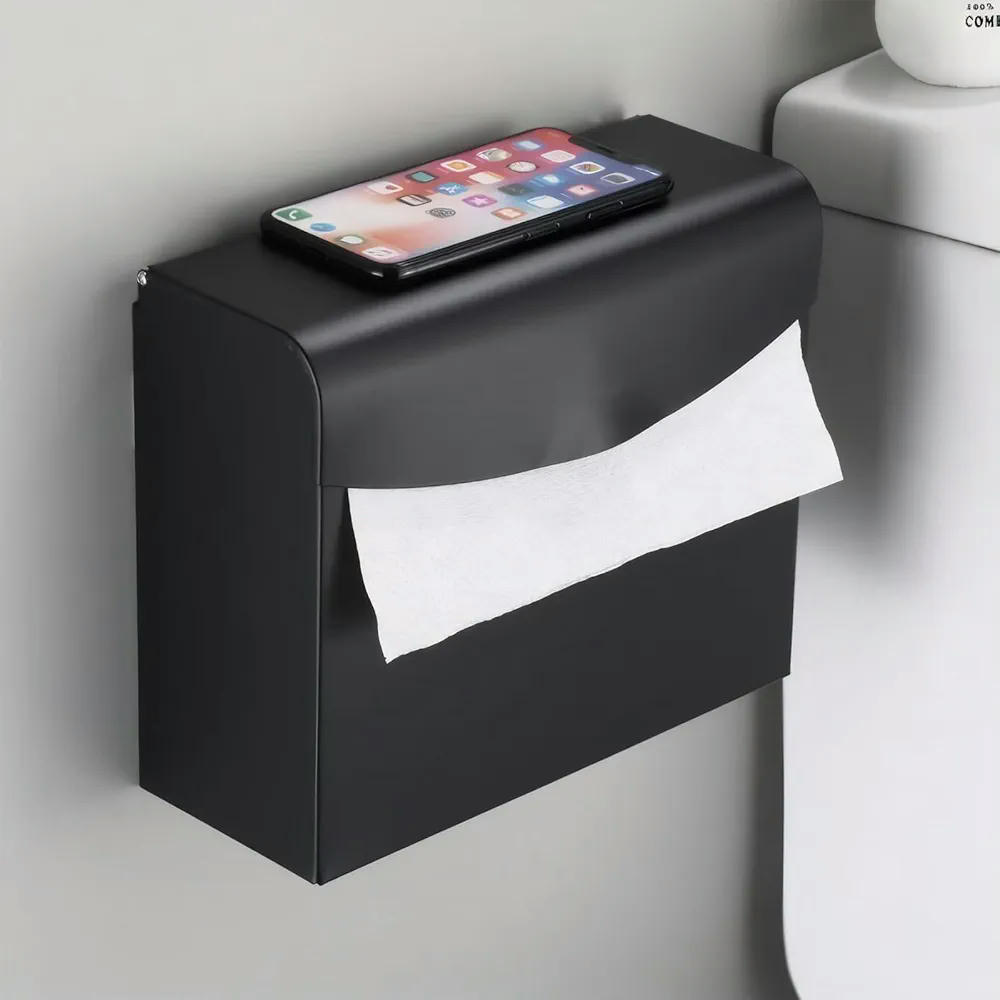 Porta Rollos de Papel Higiénico Negro con Soporte de Acero Inoxidable y Ganchos Adhesivos, 24 cm