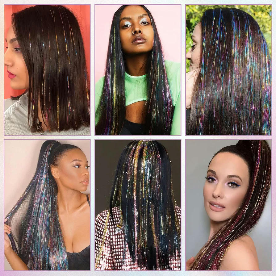 Extensiones de Cabello Sintético de 120 cm con Brillos Plata para Peinados (Multicolor)