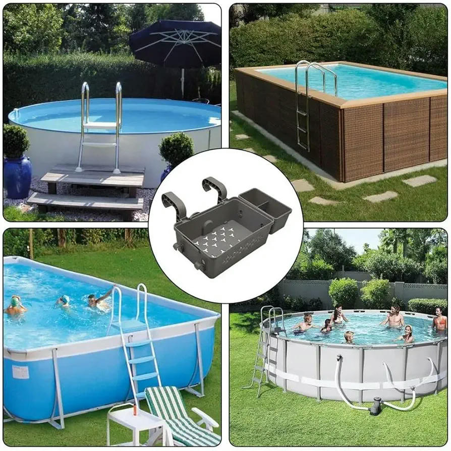 Bandeja de almacenamiento, accesorios portables para piscinas elevadas, con portavasos, color gris