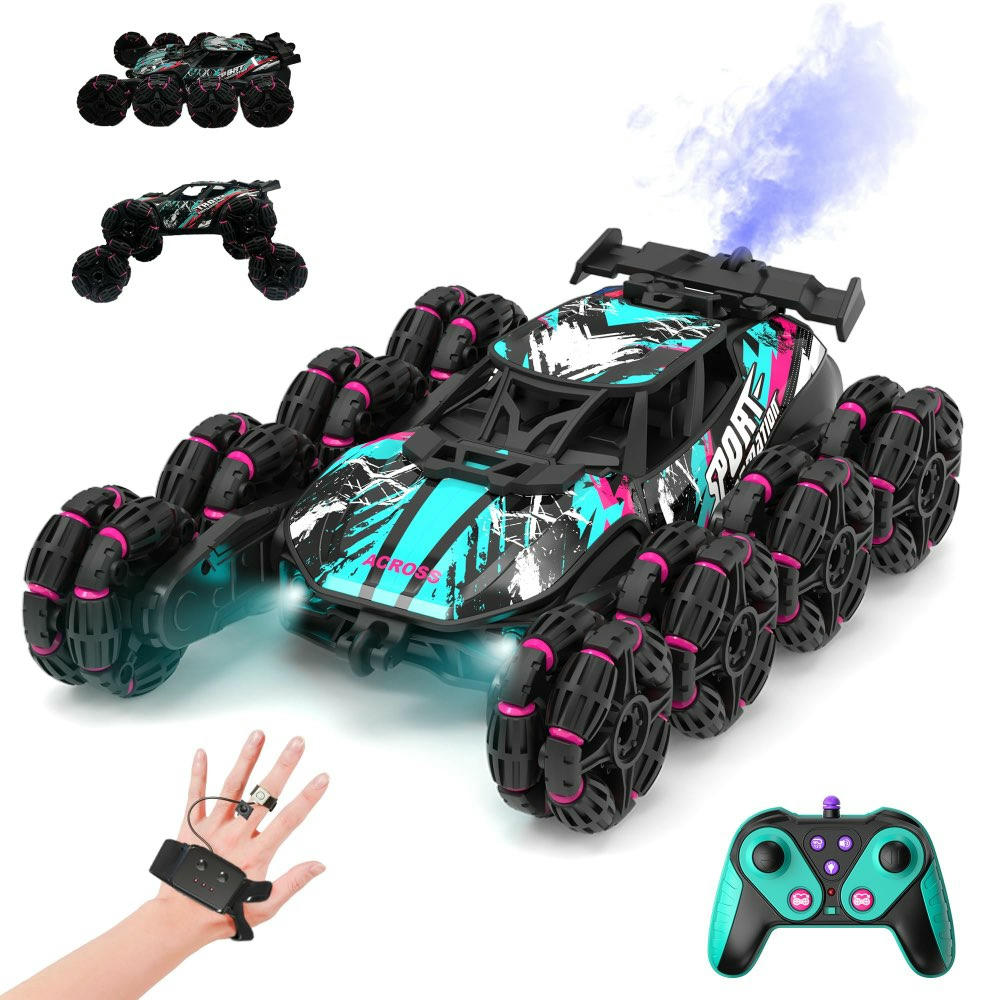 RC Cascade 8WD Car, 360° Double-Sided, Gesture Detection, Light Spray and Music, Toy for Ages 3-14 (Light Blue)