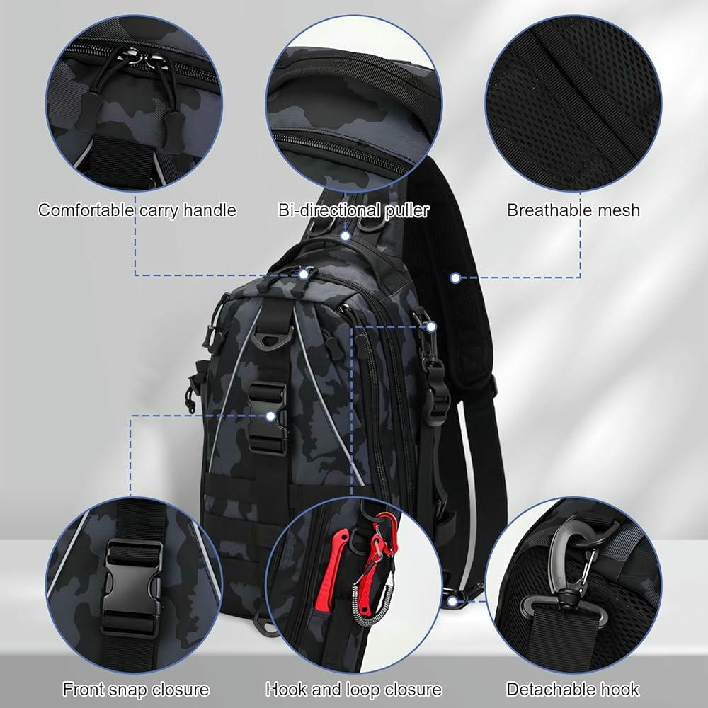 Bolsa de almacenamiento para aparejos de pesca, mochila bandolera Oxford impermeable, ideal para senderismo, caza y camping, color azul oscuro