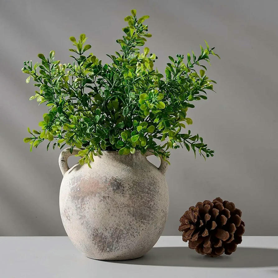 Jarrón de Cerámica Rústica, Jarrón Decorativo Vintage de Terracota para Flores Frescas y Secas, 17 x 16 cm, Color Gris