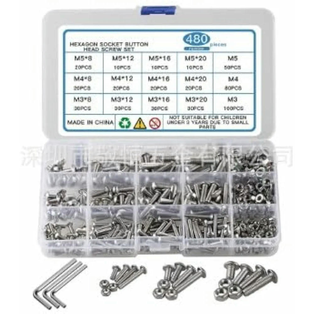 Tornillos hexagonales y tuercas - Kit de 480 piezas de acero inoxidable A2, M3 M4 M5, tornillos de cabeza hexagonal y redonda, accesorios para bricolaje y maquinas