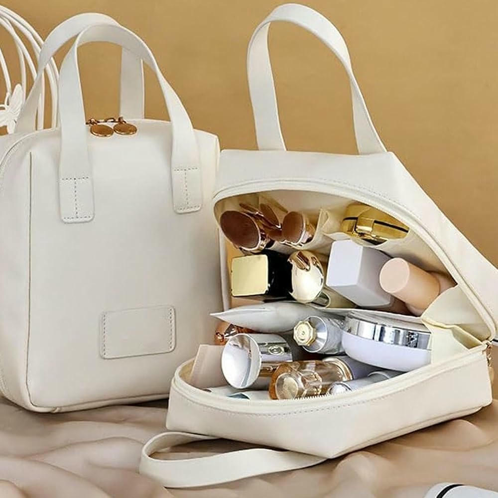 Neceser de maquillaje multifuncional de piel sintética con asa - Organizador de viaje para mujer (Blanco)