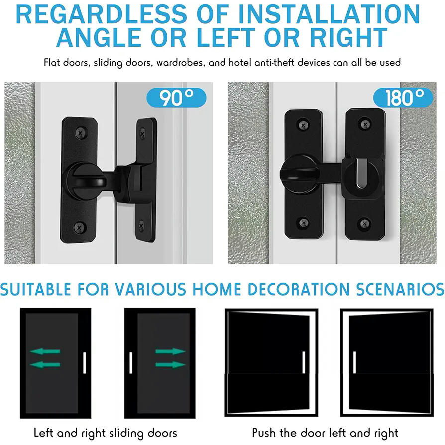 Pestillo de Puerta Corredera 2 Piezas, Cerradura de 90/180 Grados para Garaje, Baño y Gabinete, Aleación de Aluminio, Negro