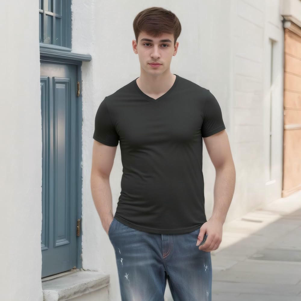 Paquete de 5 camisetas de hombre unicolor negro con cuello en V, camisetas de manga corta de fibra de leche, ideales para uso diario y ocasiones informales, Talla M/L