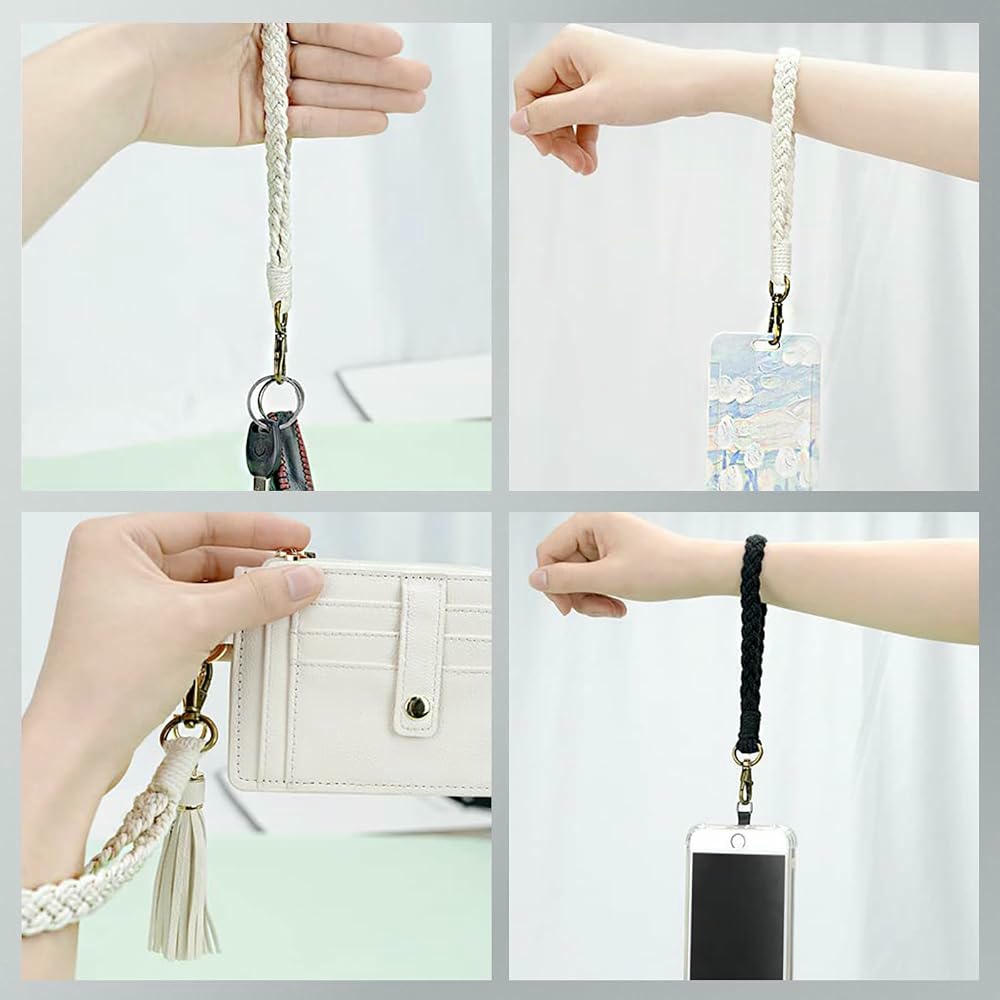 Llavero Pulsera Trenzada Hecho a Mano, Con Anilla en D Transparente, Set de 3 Colores (Blanco, Verde, Negro)