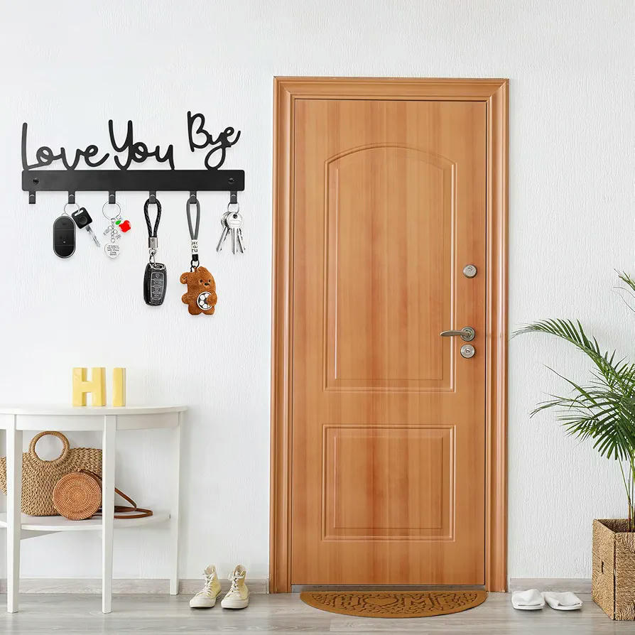 Colgador de llaves de pared con texto "Love You Bye", gancho con 6 anclajes, ideal para cocina, entrada, pasillo, oficina y dormitorio (Negro)