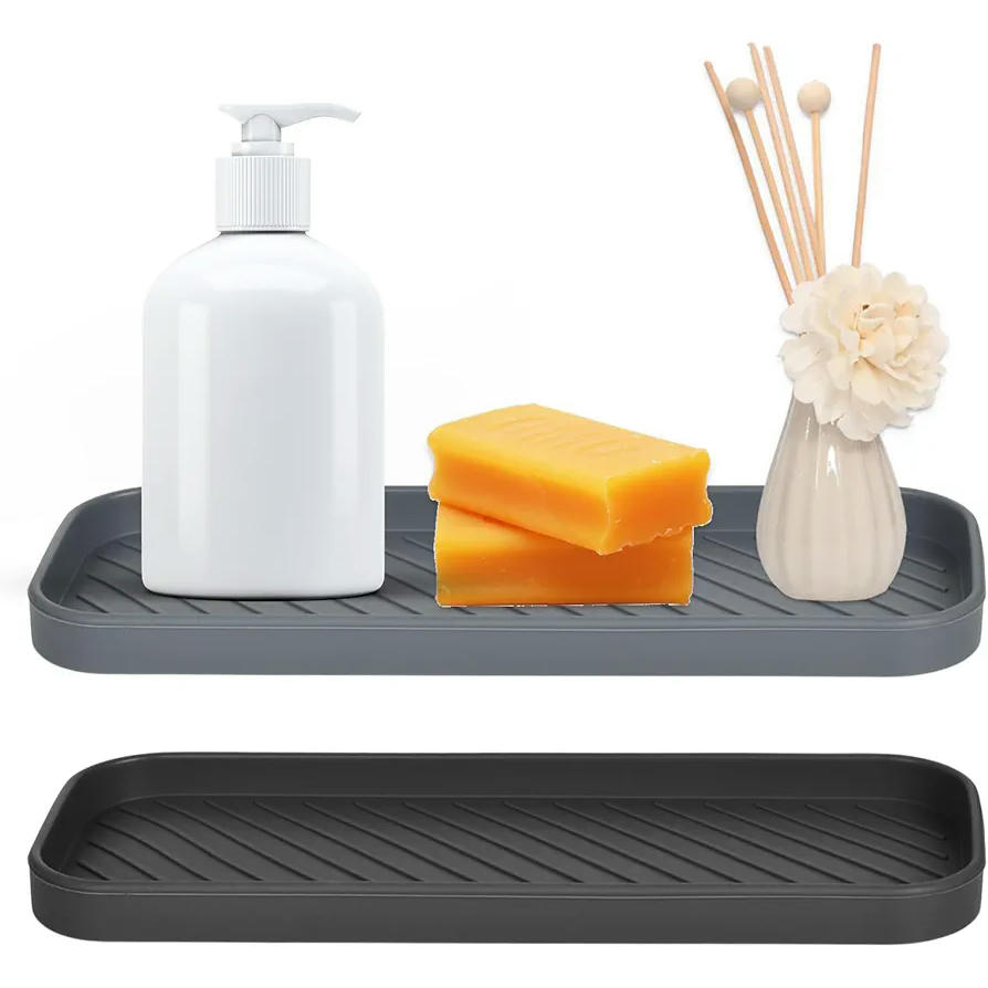 Organizador de Fregadero de Silicona Antideslizante, Soporte para Esponjas y Utensilios de Cocina (23x9cm) Negro y Gris