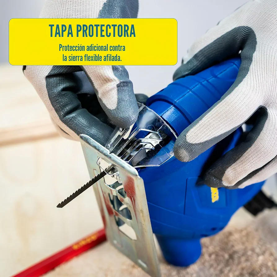 Kinzo Sierra de calar – 230 V – 400 W – con extracción de polvo – Hoja protectora – Varios materiales – Madera hasta 65 mm – Metal hasta 6 mm – Azul, 8711252064161