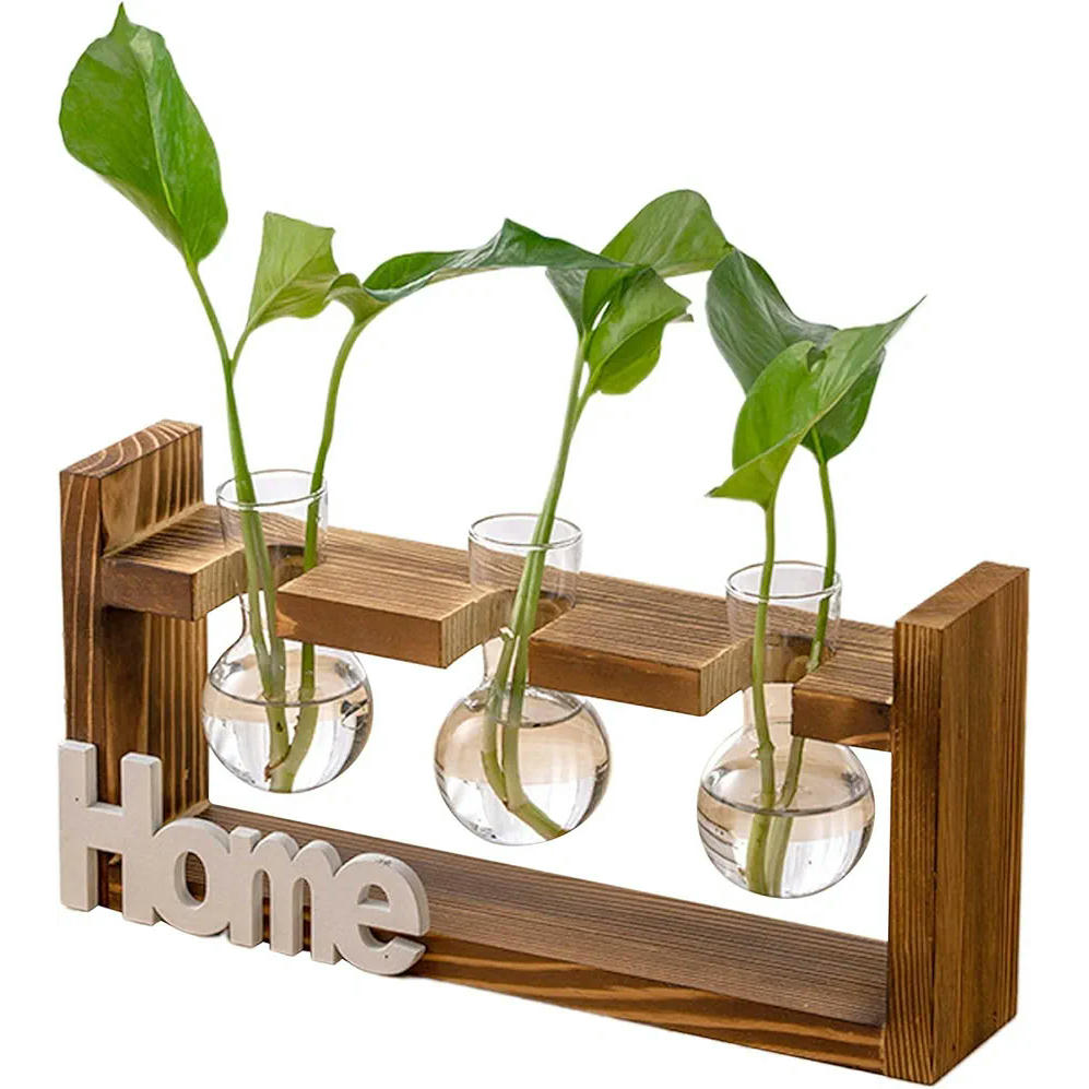 Estación de Propagación para Plantas, Jarrón Hidropónico de Vidrio, Soporte de Madera Natural, Decoración de Oficina y Hogar (Marrón)