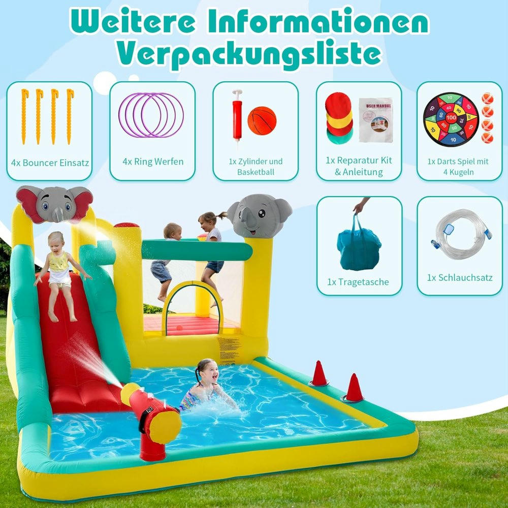 Castillo inflable con tobogán, área de salto, pit de pelotas y aro de baloncesto, diseño de elefantes, para uso en interiores y exteriores, 423 x 286 x 212 cm