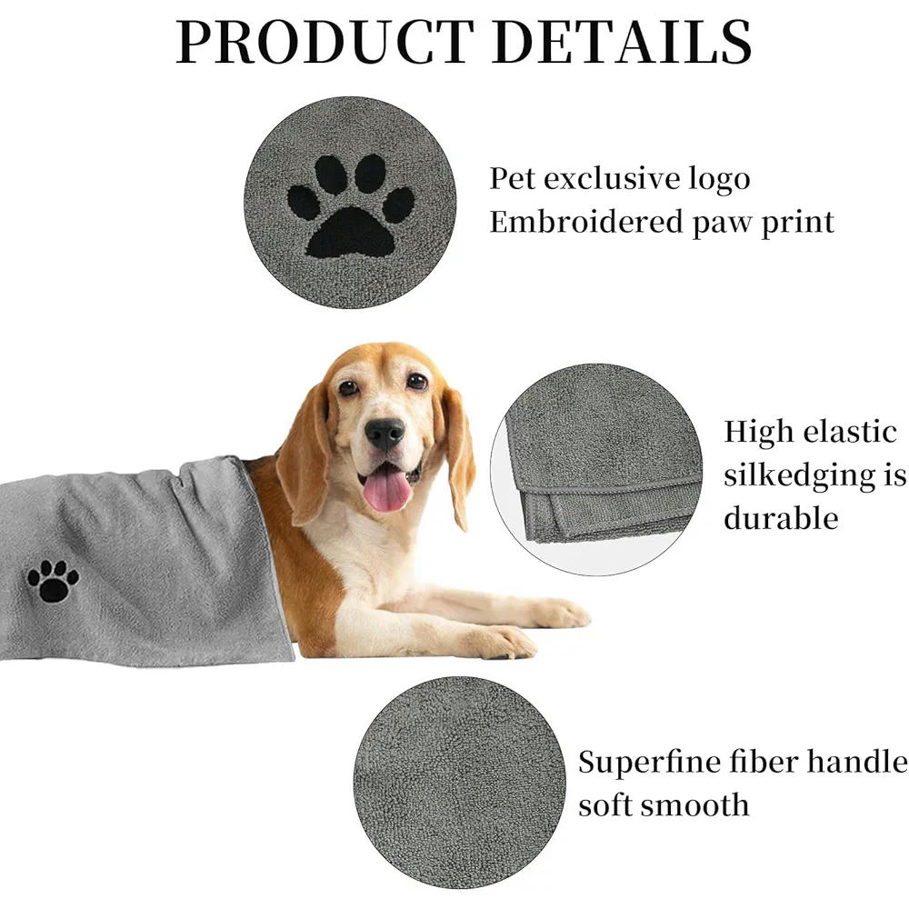 Toalla de Microfibra para Perros y Gatos, Absorbente y de Secado Rápido, Ideal para Baño, Natación y Viajes, Lavable a Máquina, Gris, 100 x 50 cm