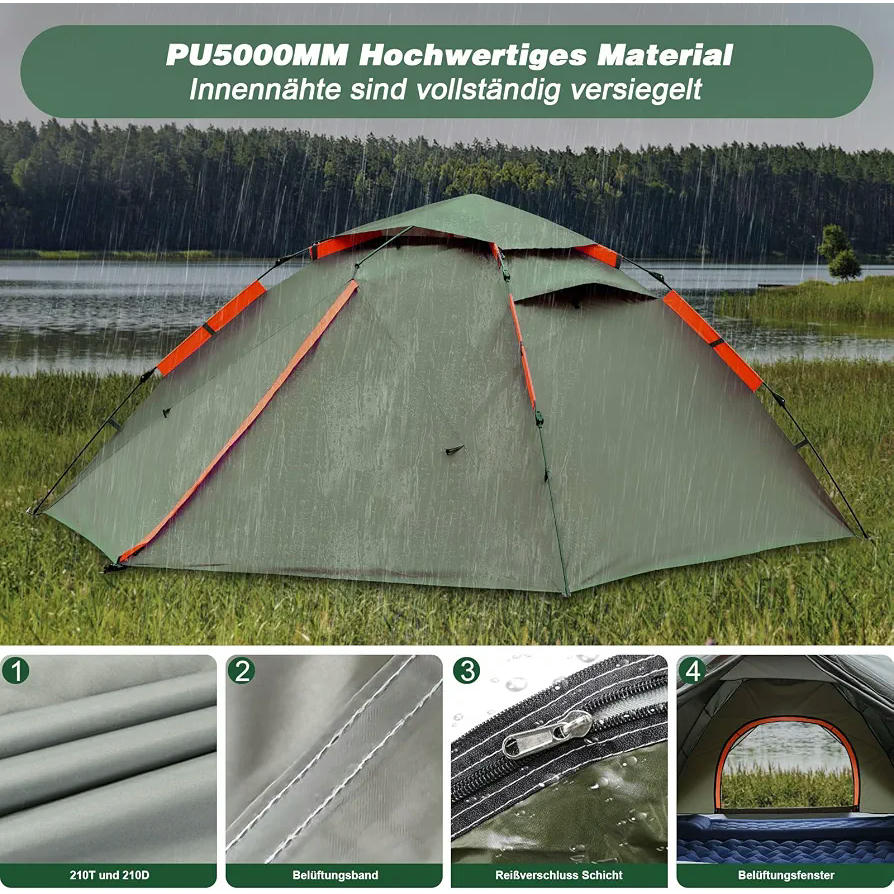 Tienda de campaña automática para 2 a 4 personas, 300 x 240 x 145 cm, impermeable y resistente al viento (Verde)