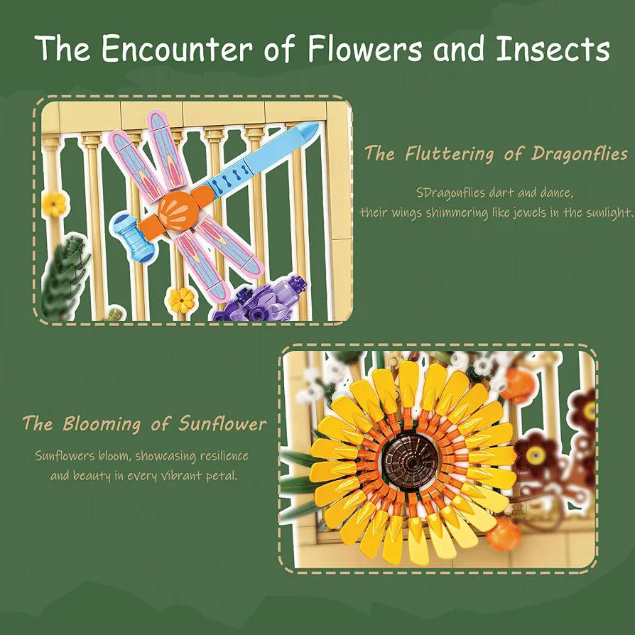 Juego de bloques de construcción de flores, 444 piezas, girasoles e insectos, decoración para hogar y oficina, regalo para amantes de la naturaleza, a partir de 6 años