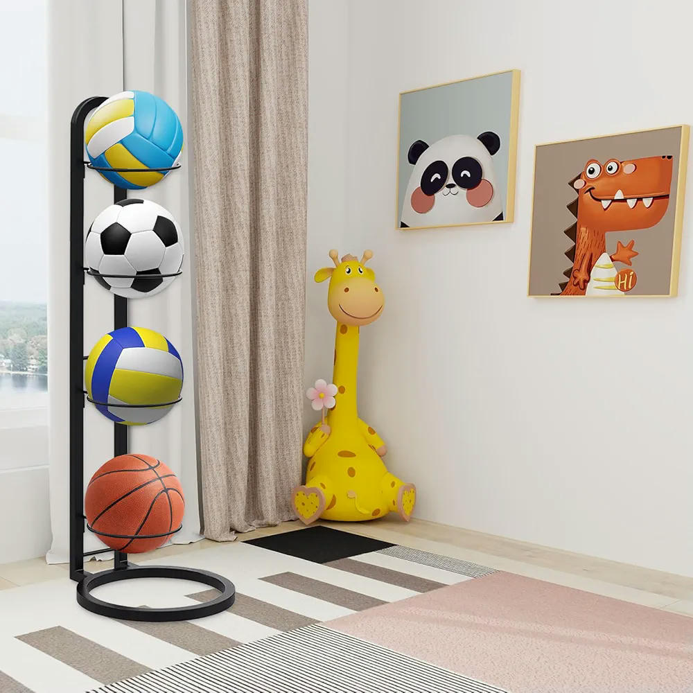 Estante de Almacenamiento Vertical para 4 Pelotas, Soporte Extraíble para Baloncesto, Fútbol y Voleibol (Negro)