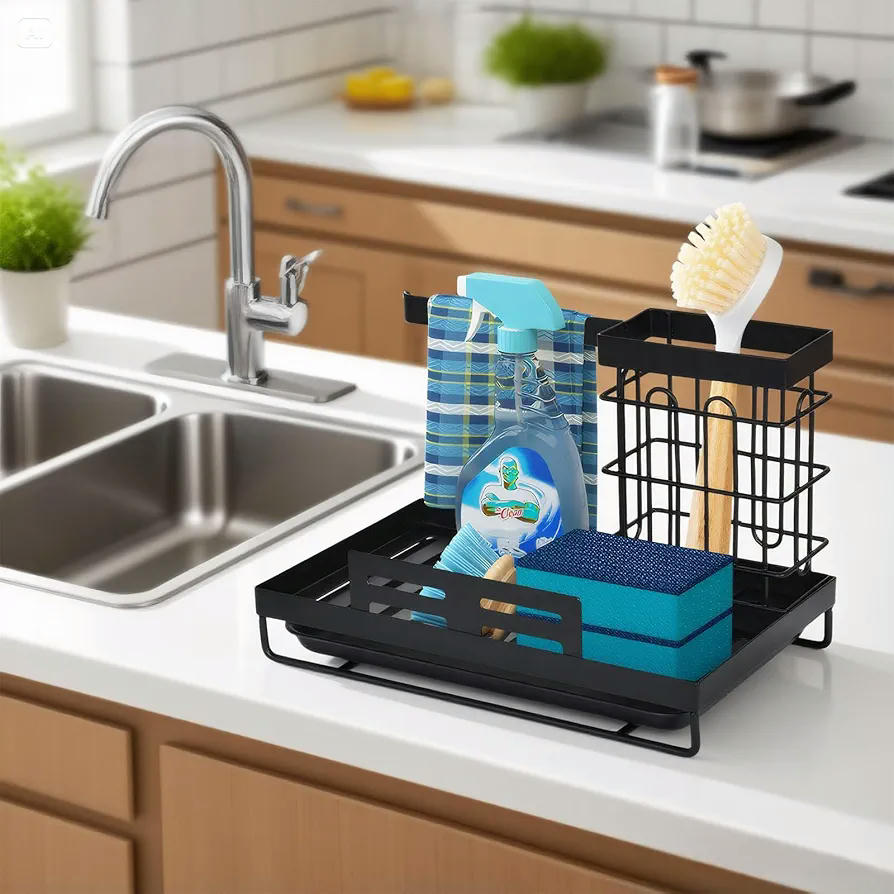Organizador de fregadero para cocina y baño, portaesponjas y toallero, soporte multiuso con drenaje, acero al carbono, dimensiones 24,6 x 15 x 16 cm
