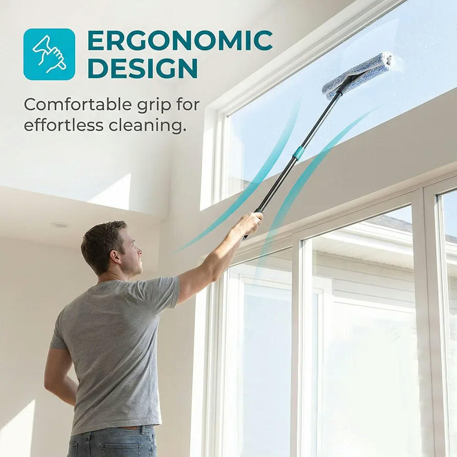 Kit de Limpiacristales Multifuncional con Escobilla de Silicona y Paños de Microfibra, Ergonómico y Extensible