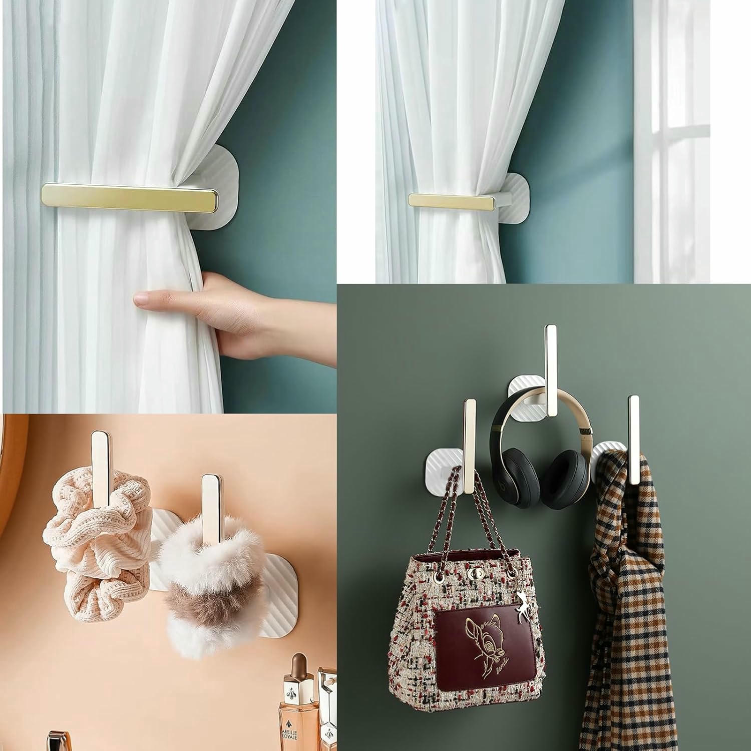 Ganchos de Cortina Alzapaños Decoratius L - 2 Peces Autoadhesives per a Parets, Organitzadors de Finestres per a la Llar, Oficina, Cuina i Bany (color blanc cremos i daurat)