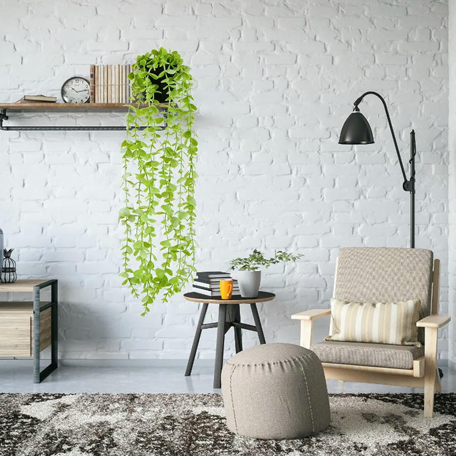 Plantes Artificiales d'Eucaliptus, Joc de 2 Plantes Penjants amb Test, Decoració de Jardí, Balcó i Habitació, Material Plàstic Resistant