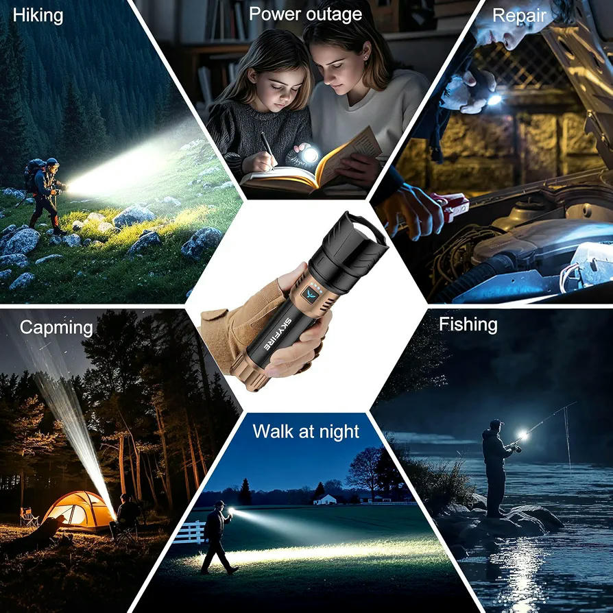 Linterna LED Recargable de Alta Potencia 900000 Lúmenes con Lente de Encendido y 4 Modos de Iluminación