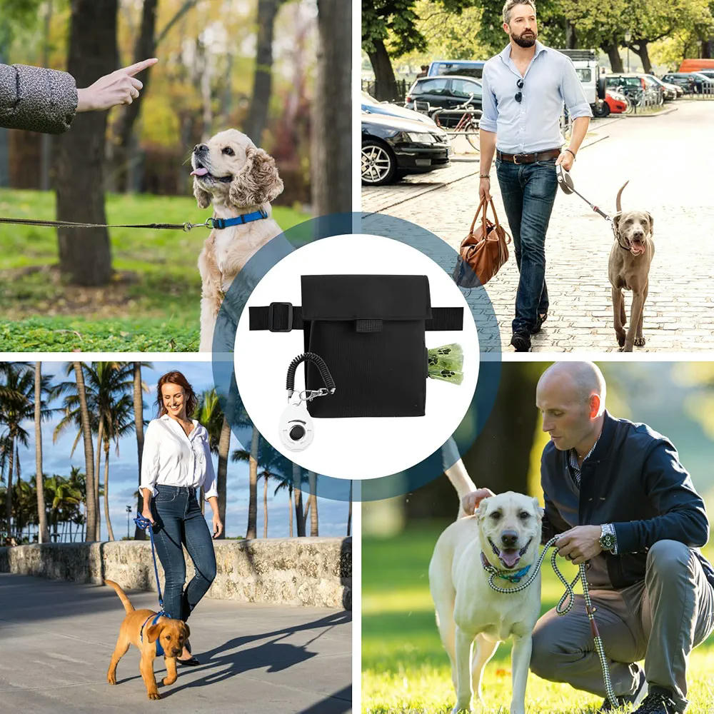 Bolsa de premios para perros, modelo multifuncional con clicker de entrenamiento, tela Oxford, color negro, con cinturón ajustable, ideal para paseos y entrenamiento