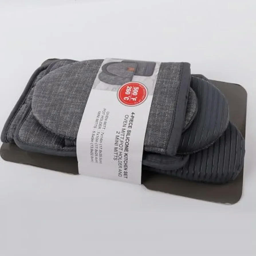 Juego de 4 Guantes de Horno y Soportes para Ollas, Guantes Resistentes al Calor, Manoplas Antideslizantes para Cocinar y Hornear - Gris