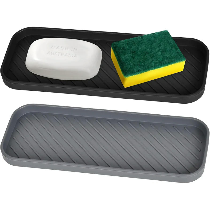 Organizador de Fregadero de Silicona Antideslizante, Soporte para Esponjas y Utensilios de Cocina (23x9cm) Negro y Gris