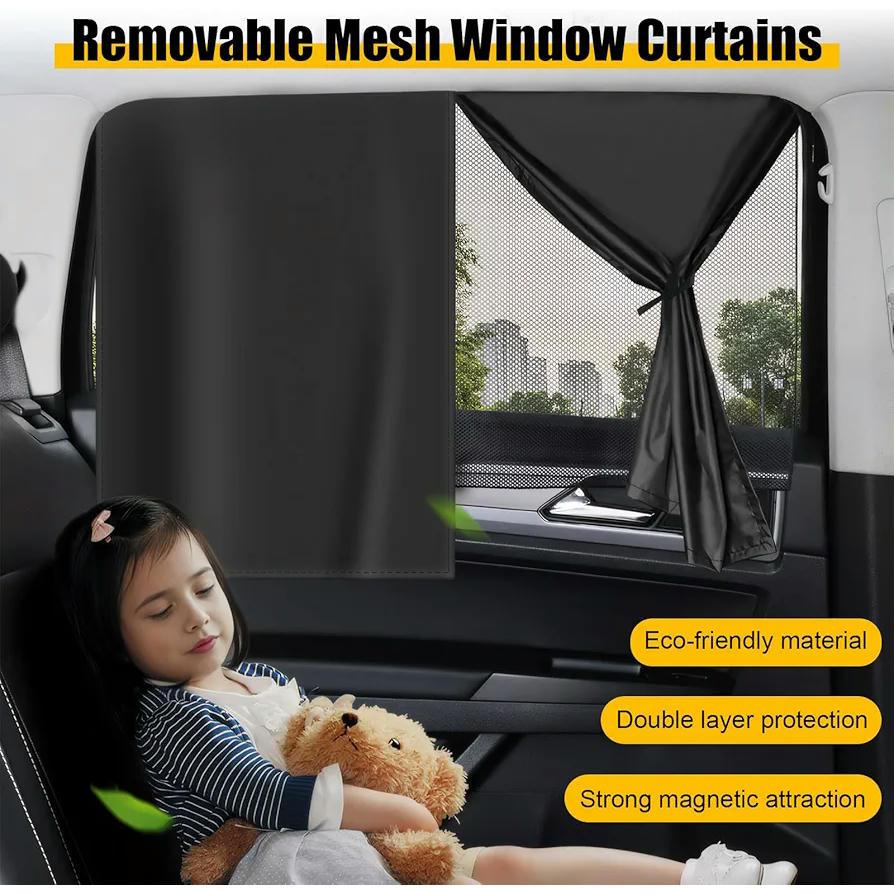Sombrilla para coche, 2 piezas cortinas laterales 50 x 48 cm y 2 piezas cortinas traseras 69 x 47 cm, parasol magnético desmontable para vehículo