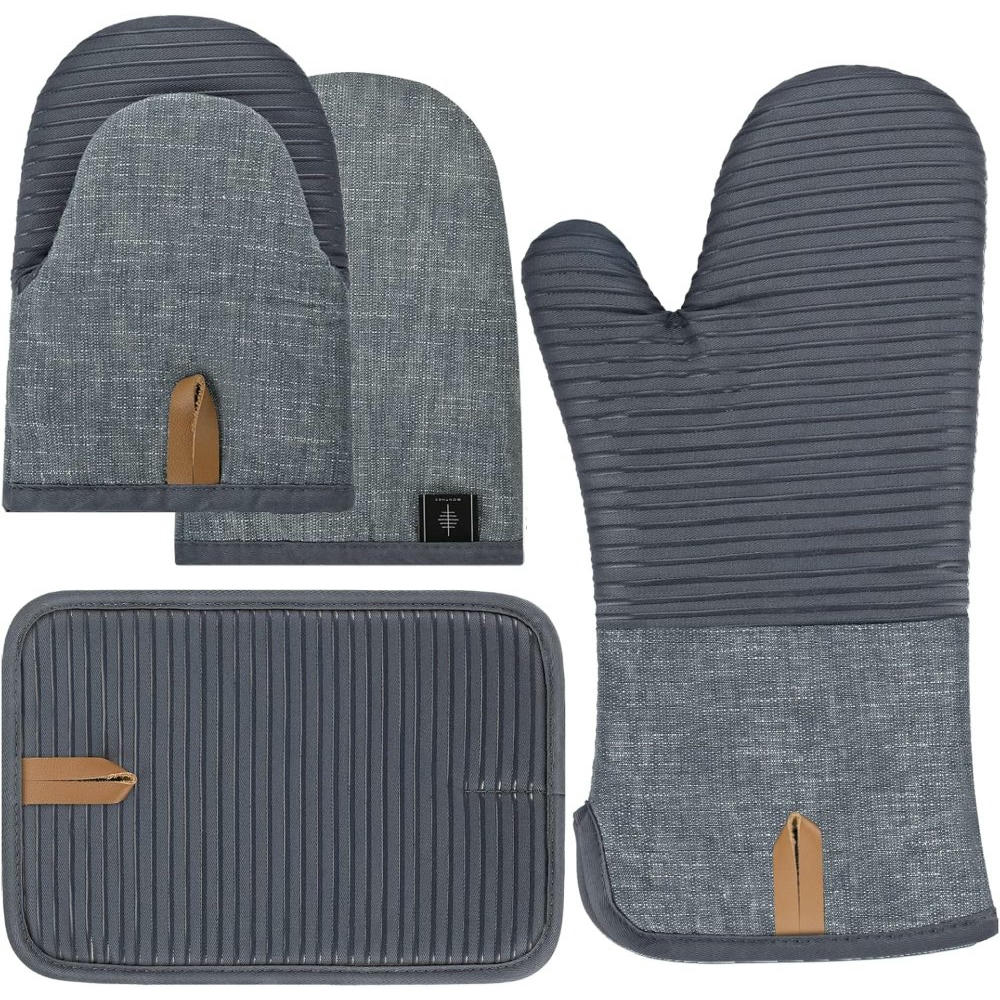 4-Piece Oven Mitt and Pot Holder Set, Heat Resistant Gloves, Non-Slip Mitts for Cooking and Baking - Gray