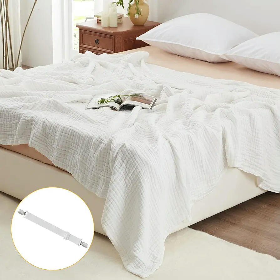 10 Sujetadores Ajustables para Sábanas, Clips de Metal para Colchones y Sofás, Correas Elásticas de 50 a 230 cm, Color Blanco