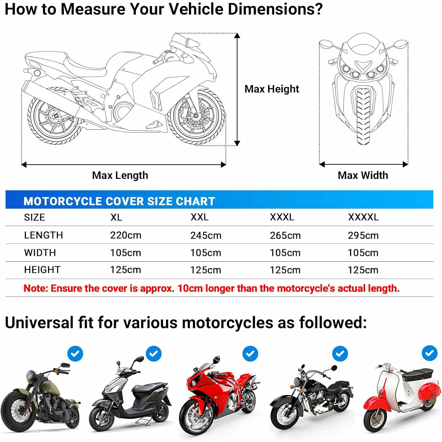 Favoto Funda para Moto Cubierta de Moto 210D Impermeable Protectora con Banda Reflectante a Prueba de Sol Lluvia Polvo Viento Nieve Excremento de Pájaro al Aire Libre, 220x105x125cm Negro+Azul