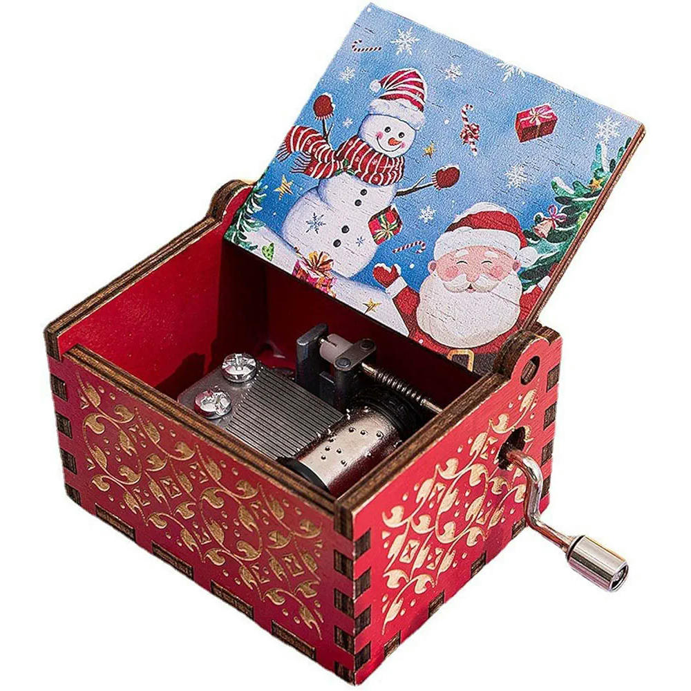 Caja de Música de Madera con Manivela, Caja Musical Clásica, Decoración Artesanal para el Hogar, Regalo Ideal para Cumpleaños y Celebraciones (Color Rojo) Estilo Navidad, Santa Claus y Muñeco de Nieve