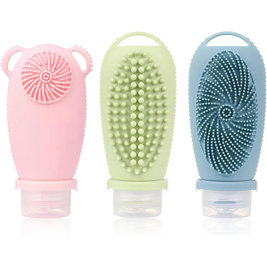 Silicone Travel Bottles 100ml, Set of 3 Bottles with Facial Brush, Multifunctional for Shampoos and Lotions (Multicolor)