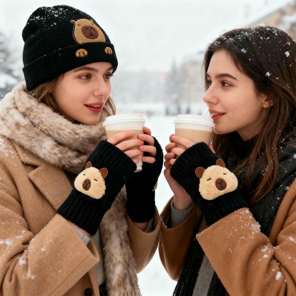 Gorro de Punto Negro con Guantes para Climas Fríos con diseño de animal Capibara (Negro)