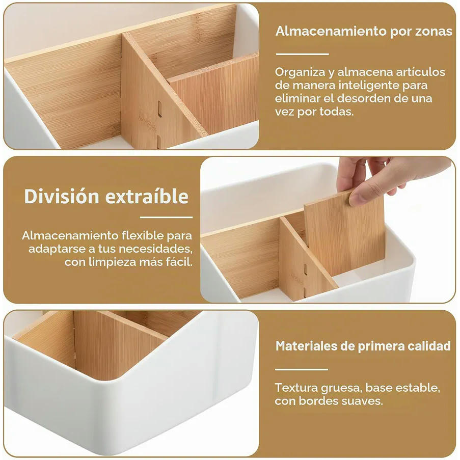 Organizador de Escritorio con 4 Compartimentos en Bambú para Cosméticos, Plumas y Accesorios (Gris)