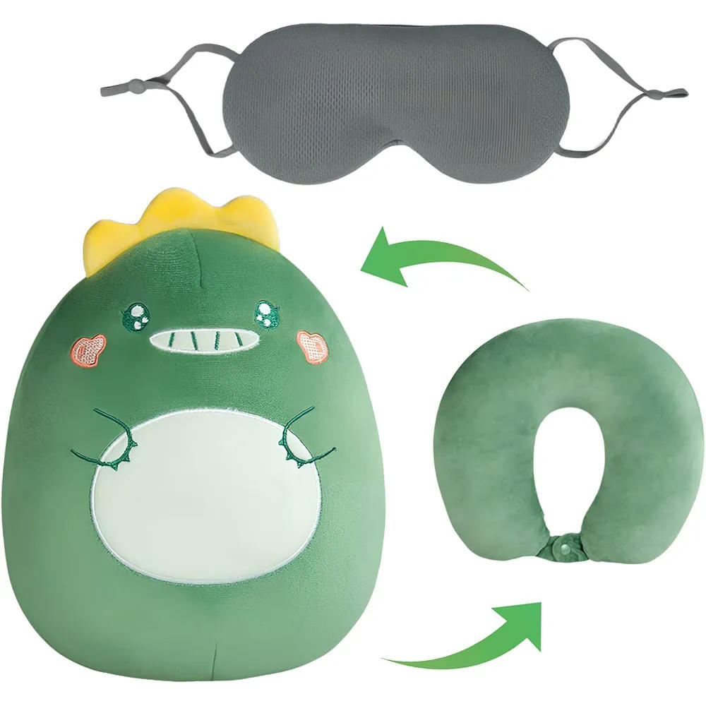 Almohada Ssuave Modelo U con Antifaz para Dormir, Almohada de Viaje para Niños y Niñas, Ideal para Avión y Coche, Diseño Dinosaurio (Verde)