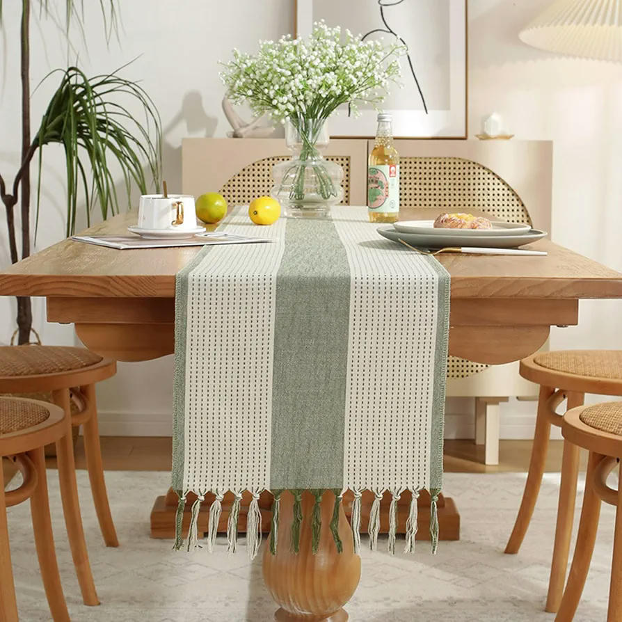 Caminet de Taula de Cotó Verd, Estil Bohemi i Rústic, Rentable, 183 cm, Amb Borles, Ideal per Decoració de Menjador i Festes